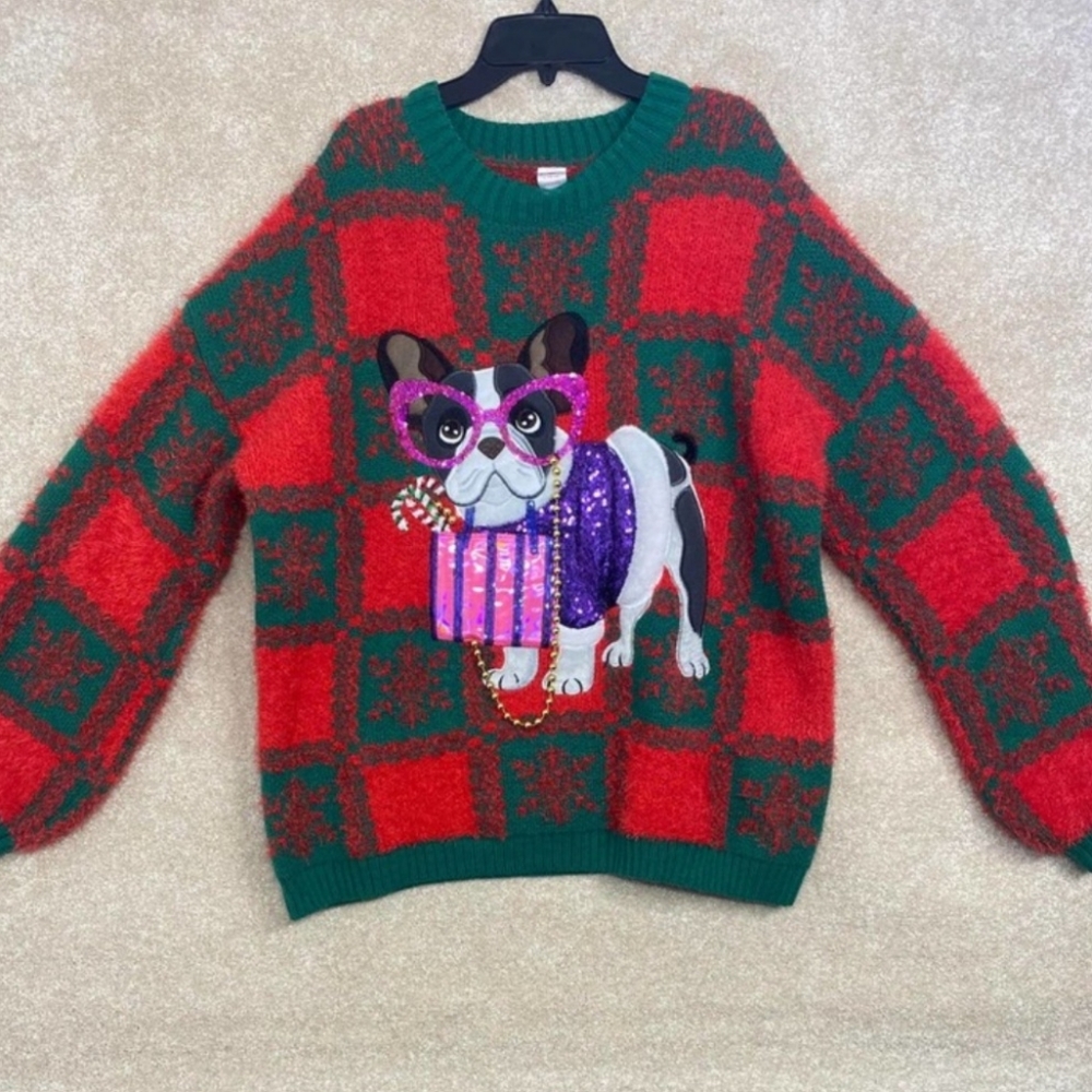 Ugly Christmas Sweater Holiday Time Boston Frenchie Diva Dog L
